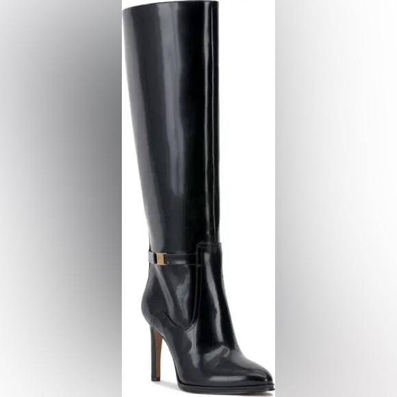 Vince Camuto Skylie Black Glossy Leather High Heel Boots Sz 8 BNWB - Picture 2 of 6